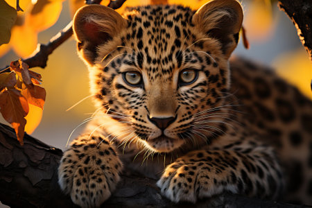 Close-up portrait of a young leopard on the hunt.の素材
