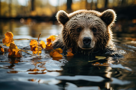 A close-up portrait of a bear that is submerged up to its head in water, the bear is swimming.の素材