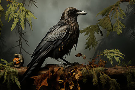 black crow sitting on a tree branch close-up portrait.の素材