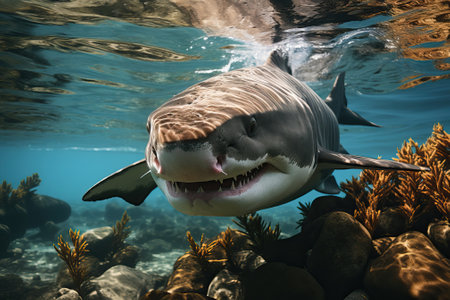 Shark close-up underwater, shark swims in the sea shelf.の素材