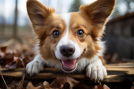 Close-up portrait of a corgi with open mouth in the forest between leaves.の素材
