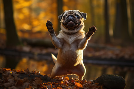 the pug stands on its hind legs and pulls its front legs up, the pug is in the water.の素材