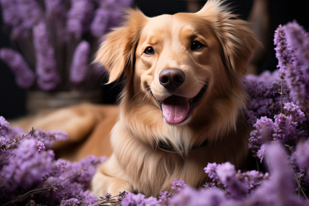 A smiling dog sits in purple flowers, a dog on a lavender field.の素材