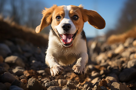 Beagle with open mouth in the air, jumping beagle front view.の素材