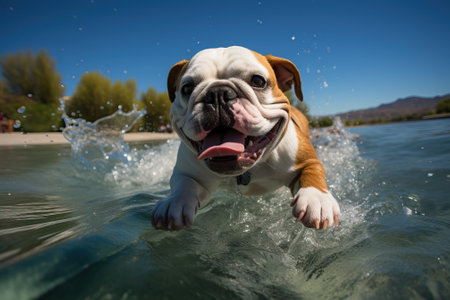 A happy pug jumps on the water, the sky and trees in the background, a dog bathing, a dog swimming in the sea.の素材