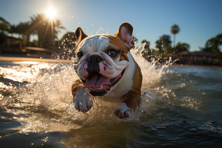 A happy pug jumps on the water, the sky and trees in the background, a dog bathing, a dog swimming in the sea.の素材