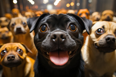many pug faces looking at the camera, dog kennel, black and brown pugs.の素材