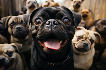 many pug faces looking at the camera, dog kennel, black and brown pugs.の素材