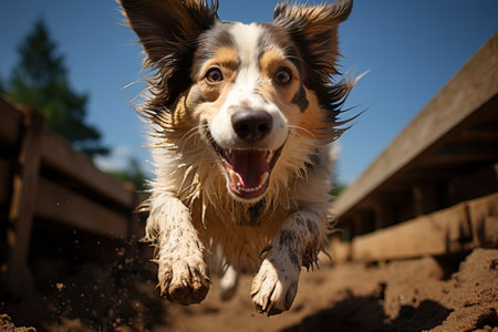 Border collie jumps in the air, happy dog on a walk, dog jump bottom view.の素材