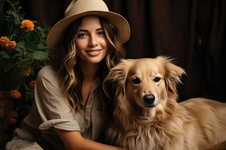 Portrait of a girl with a long-haired dog, a pet with its owner.の素材