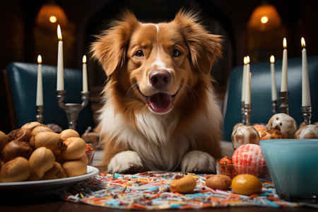 a dog with a short brown and white coat is celebrating a birthday, candles and balloons on the background.の素材