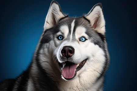 Portrait of a husky with an open mouth on a blue background, a husky with white and black coloring.の素材