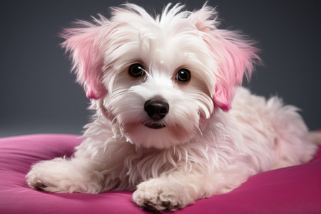Portrait of a maltipoo lying on a pink blanket on a black background, a maltipoo with pink ears.の素材
