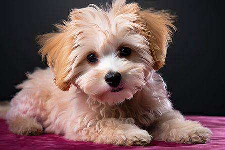 Portrait of a maltipoo lying on a pink blanket on a black background, a maltipoo with brown ears.の素材