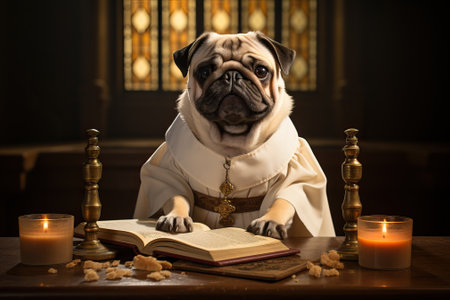 dog pug in the image of a priest, pug dressed in cassock, holy dog, dog faith concept.の素材