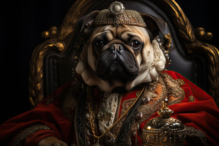 A pug in the style of a king sitting on a throne, a pug in jewelry and with a crown on his head.の素材