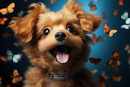 Portrait of a small smiling maltype with open mouth among butterflies in studio.の素材