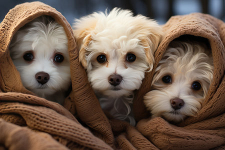 Three little Maltipoos wrapped in a blanket, little white Maltipoos.の素材
