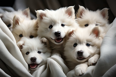 Little huskies wrapped in a blanket look ahead.の素材