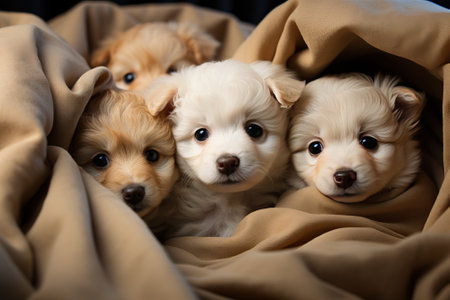 Three little Maltipoos wrapped in a blanket, little white Maltipoos.の素材