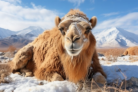 A camel in the snow on the background of snow-capped mountains, a camel with long wool.の素材