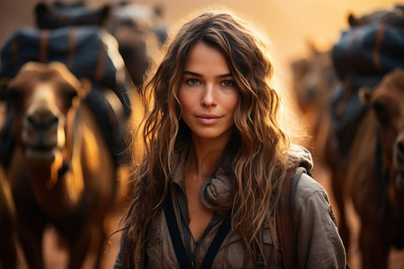 Portrait of a tourist girl near camels in the desert, a tourist route with camels in the desert.の素材