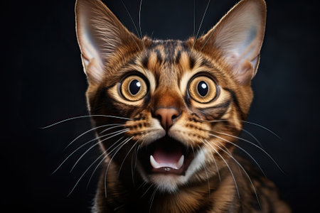 Portrait of a bengal cat with an open mouth on a black background.の素材