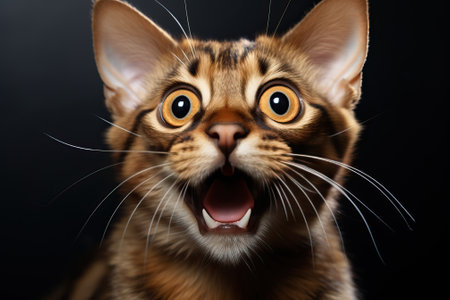 Portrait of a bengal cat with an open mouth on a black background.の素材