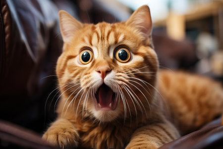 Funny portrait of a surprised meowing cat looking up.の素材