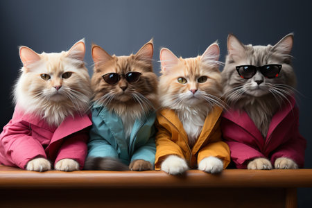 Domestic cats dressed in colorful jackets, children's winter jackets, stylish cats.の素材