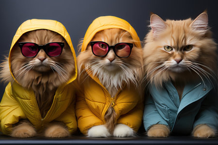 Domestic cats dressed in colorful jackets, children's winter jackets, stylish cats.の素材