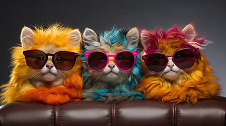 Three cats in glasses sitting together, stylish domestic cats.の素材