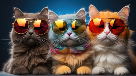 Three cats in glasses sitting together, stylish domestic cats.の素材