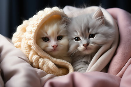 Cute little red kittens sleeping on a blanket, fluffy pets, Cats rest napping on bed have sweet dreams.の素材