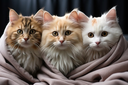 Cute little red kittens sleeping on a blanket, fluffy pets, Cats rest napping on bed have sweet dreams.の素材