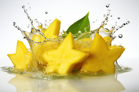 Sliced fresh carambola in splashes of water, sweet yellow fruit.の素材