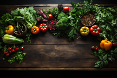Set of fresh vegetables for healthy eating on wooden table, top view of vegetables. Designer mockup for the site.の素材
