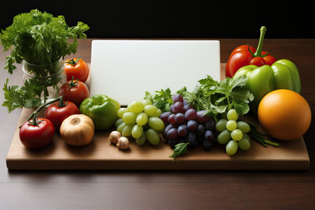Vegetable menu concept, vegetables and menu board on background, copy space and top view. Designer mockup for the site.の素材