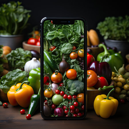 Concept for healthy eating with cellphone, vegetables and smartphone on background top view. Designer mockup for the site.の素材