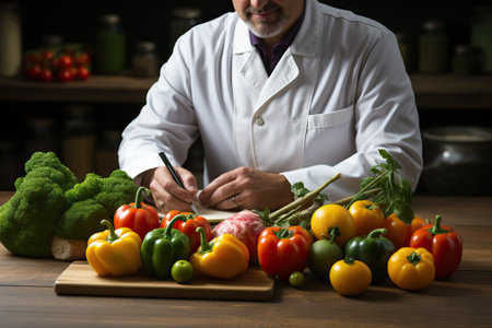 The man nutritionist sits at the table near various vegetables, the doctor is a nutritionist and healthy food.の素材