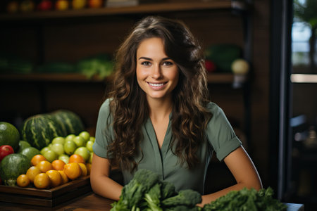 The girl nutritionist sits at the table near various vegetables, the doctor is a nutritionist and healthy food.の素材
