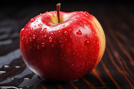 red apple with water drops on wooden background close-up, red sweet and healthy fruit.の素材