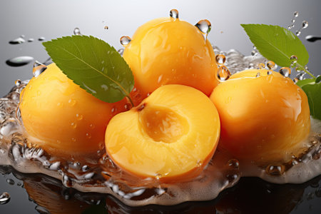 Ripe yellow apricots fall into water, water splashes from falling apricot.の素材