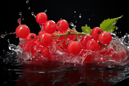 Red currant in splashes of water on a black background.の素材