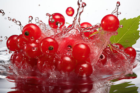 Red currant in splashes of water on a white background.の素材
