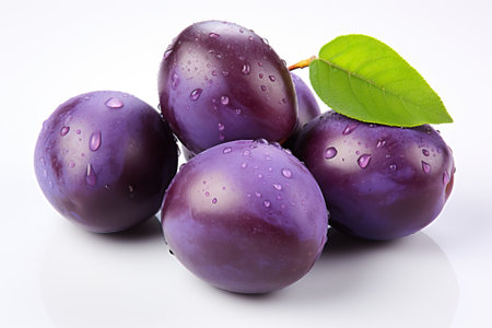 Close-up of plums with water drops on them, isolated plums on a white background.の素材