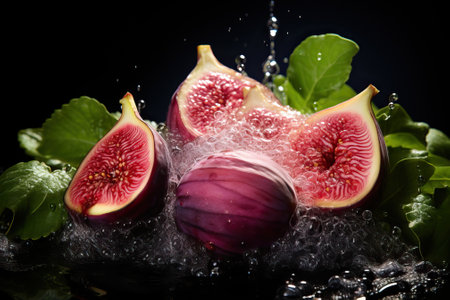 Halved fig in splash of water on black background, fresh fig.の素材