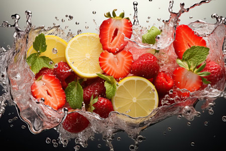 Strawberries and lemon slices falling into water close-up, splash of water and bubbles with fruit, fruit cocktail.