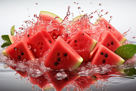 Triangular pieces of watermelon in splashes of water close-up on a white background.の素材