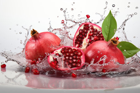 Water splash close-up with pomegranate close-up, fresh fruit in water.の素材
